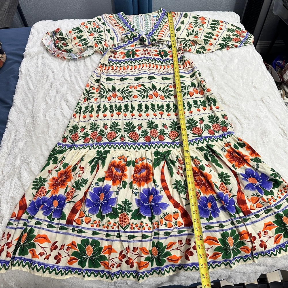 Farm Rio Size L V-Neck Kaftan Maxi Dress Colorful Coastal Cut Outs Resortwear - Picture 10 of 16
